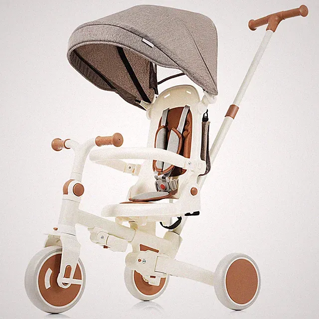 7-in-1 Foldable Baby Tricycle w/ Parent Handle, Canopy, Ivory & Brown