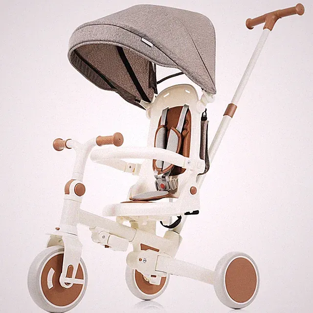 7-in-1 Foldable Toddler Tricycle Ivory Brown, Handle Canopy Guardrail