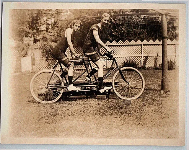 Early Vintage Young Men on Tandem Bike Bicycle Snap Shot 5.1" x 3.8"
