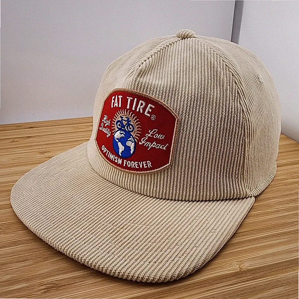 Fat Tire Corduroy Hat Cap, Cream Color, Red Patch w/Bicycle, Beer, Snapback