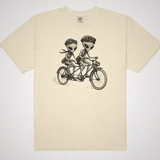 Grey Aliens on a Tandem Bike Comfort T-Shirt Weird Extraterrestrial Art Tee S-4X