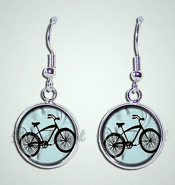 Mountain Bike Cyclist Sports - Handmade Resin Dangling Earrings 16mm Round