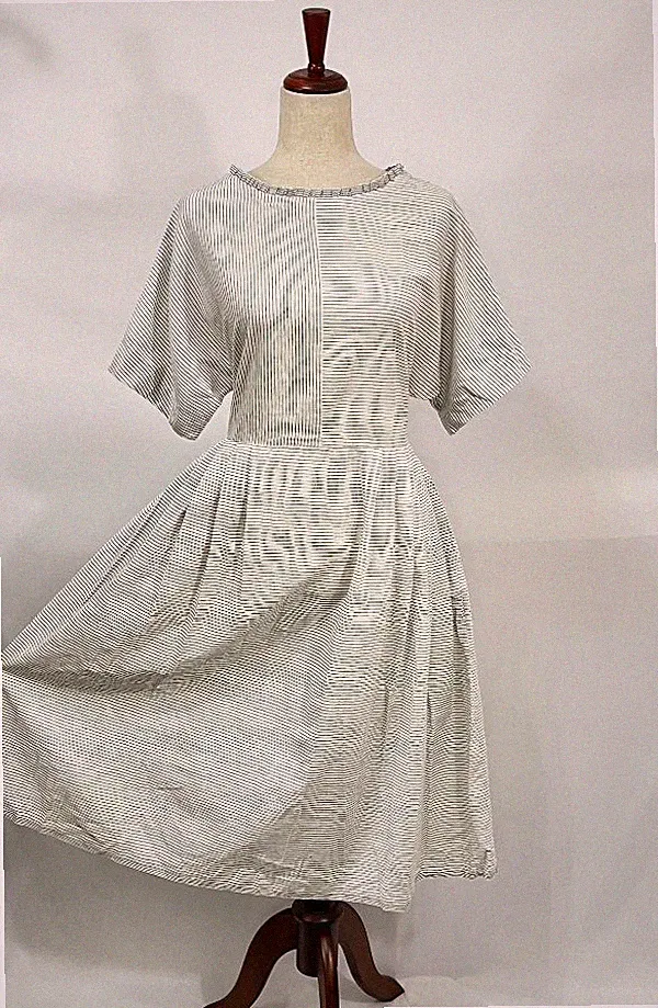 RUNAWAY BICYCLE Sz S Small Ivory Gray Stripe Short Sleeve Midi Dress Cotton