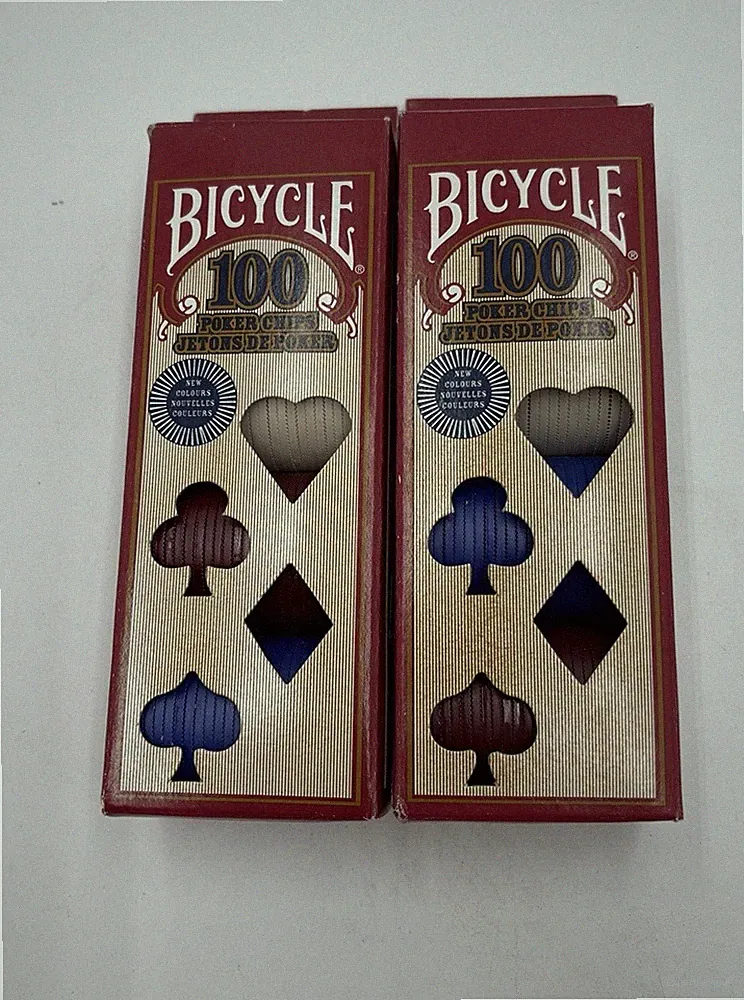 Set Of 2 Bicycle Casino 100 Poker Chips, Ivory Red Blue Plastic