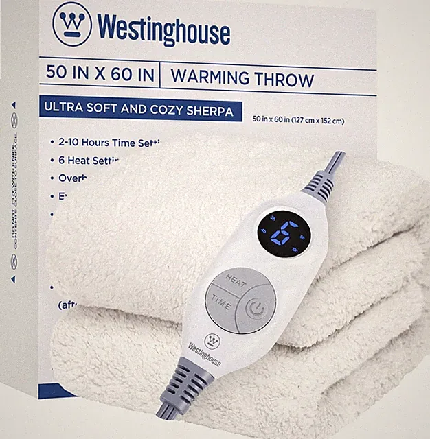 Soft Plush Heated Electric Blanket Throw, 6 Heat Levels, Ivory, 50x60 Inches