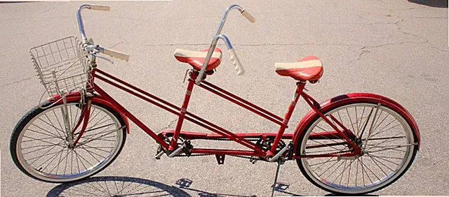 Vintage 1960s Sears Tandem Bicycle for Two Seater Red Bike with Basket