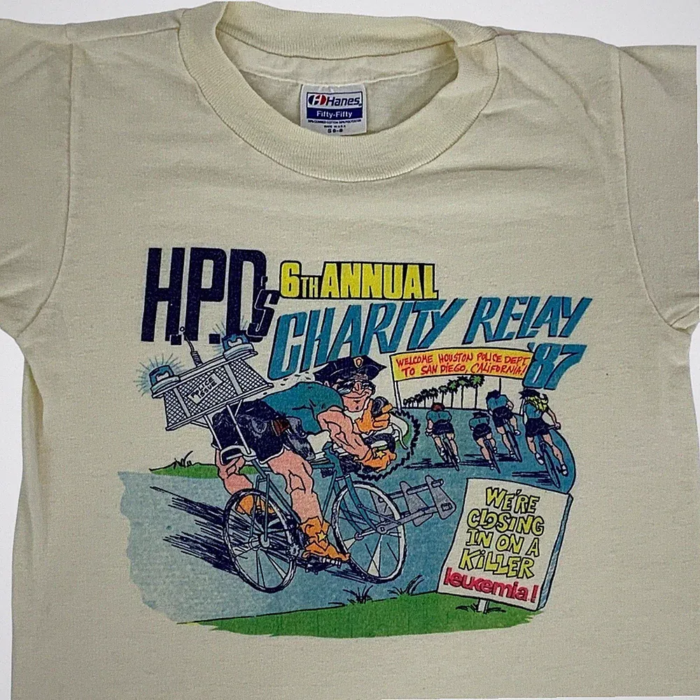 Vintage 80s Houston Police Bike Relay T Shirt HPD Ivory Kids Youth S Small 6-8