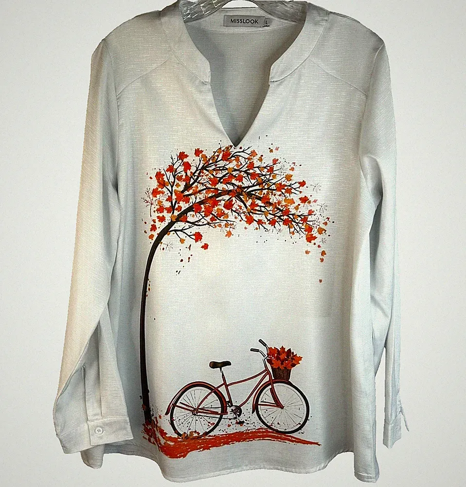 Vtg Misslook Women's Ivory Bicycle Print Tunic Top Autumn Fall Shirt Size Large